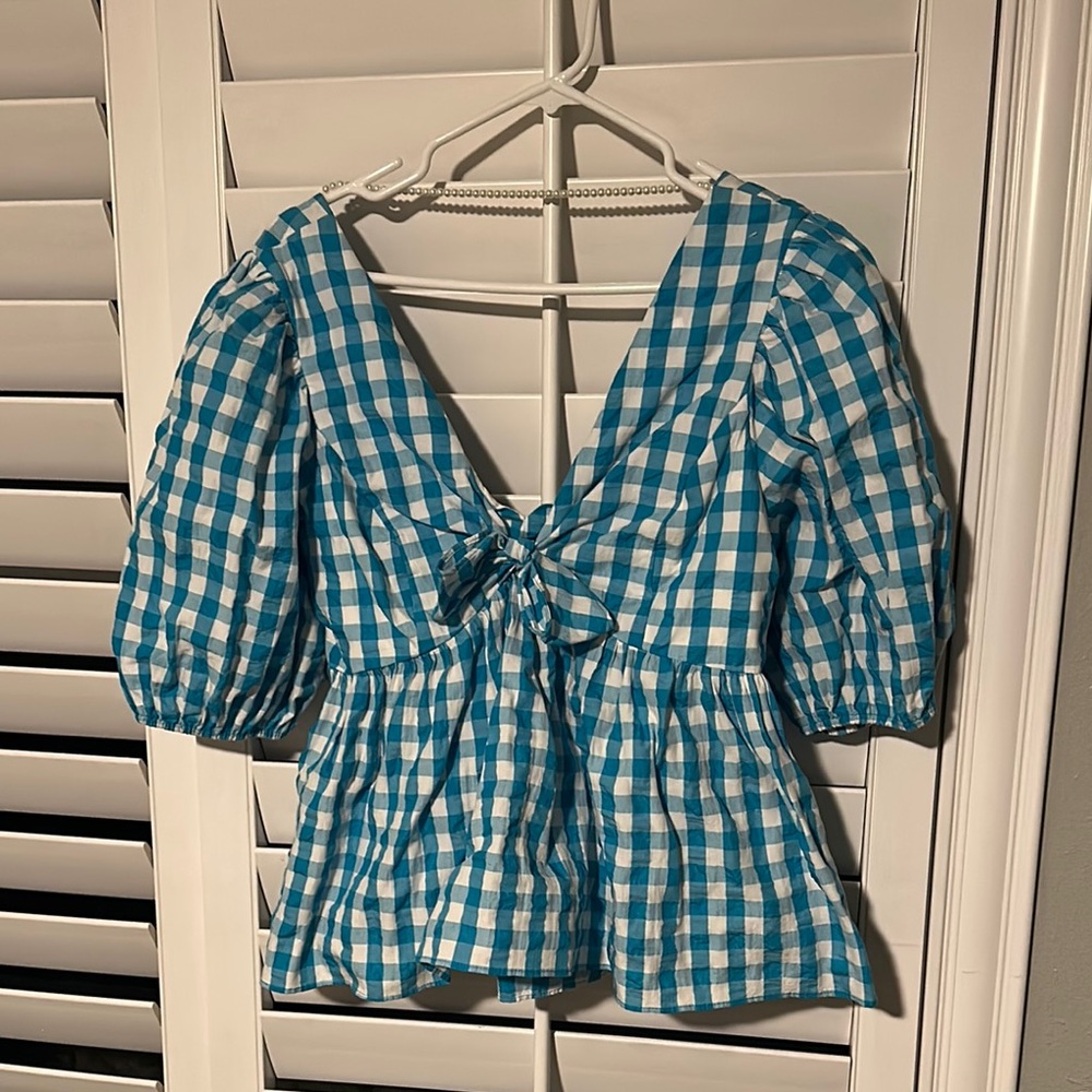 Blue Gingham Puff Sleeve Top